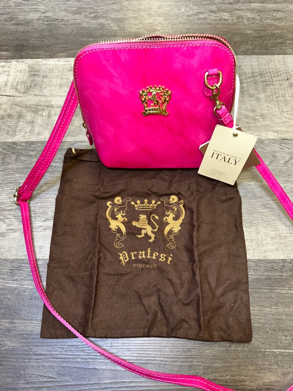 Pratesi Firenze Pink Leather Crossbody Bag Italy Gold Crest NWT + Dust Bag